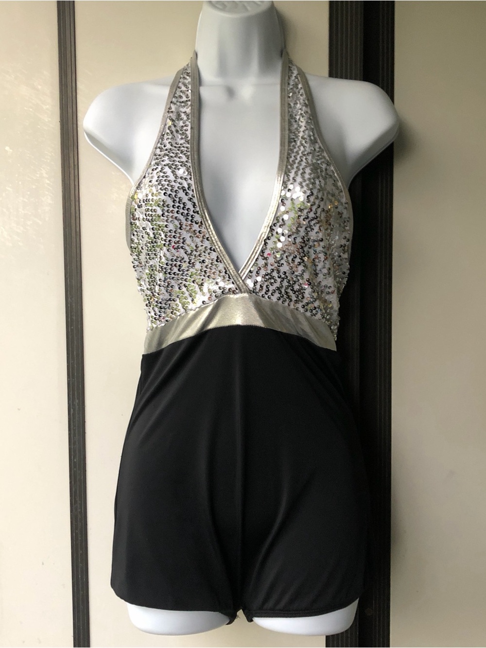 Sequin Halter Romper Dress with Metallic Trim - Silver & Black